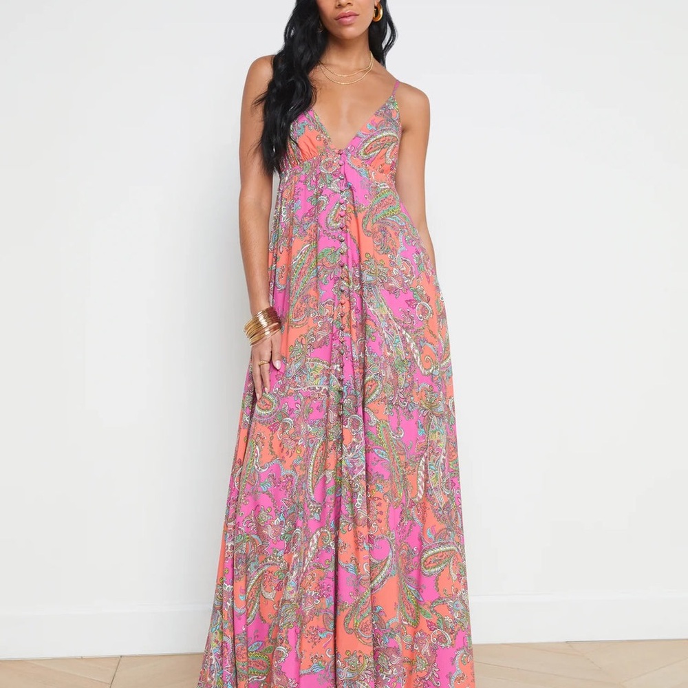 NWT L'AGENCE Stefani Strappy Maxi Dress Multi Pop Paisley